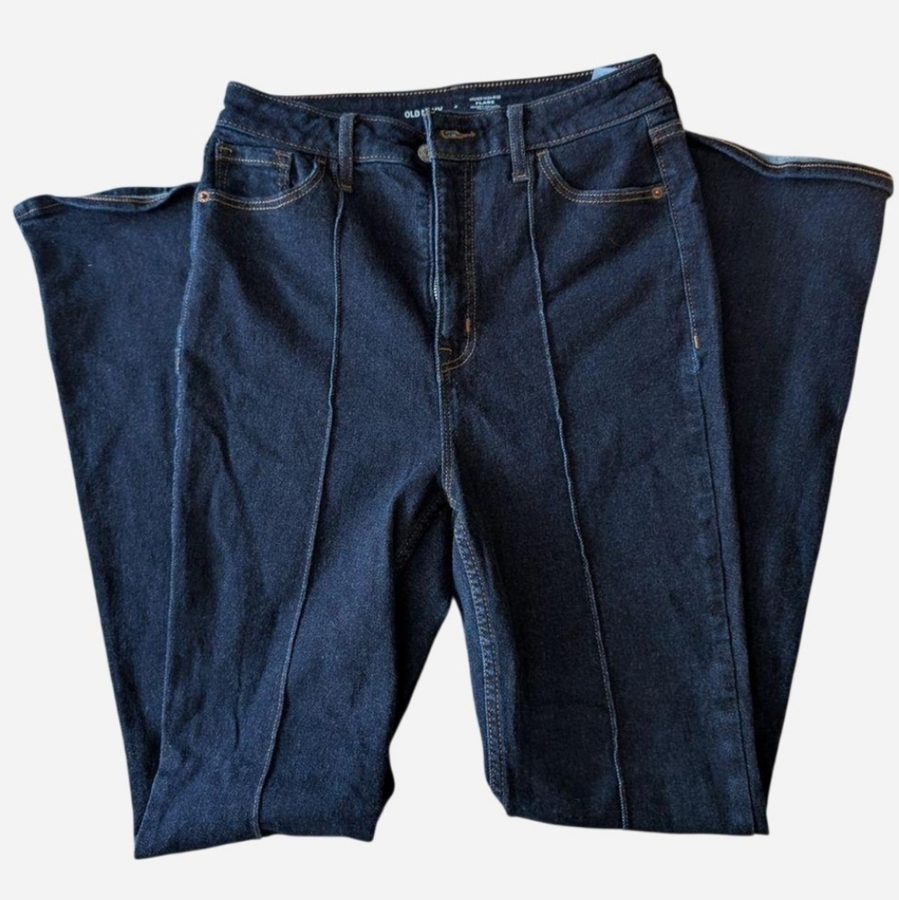 Old Navy Flare Higher High Rise Indigo Dark Wash Pintuck Denim Jeans